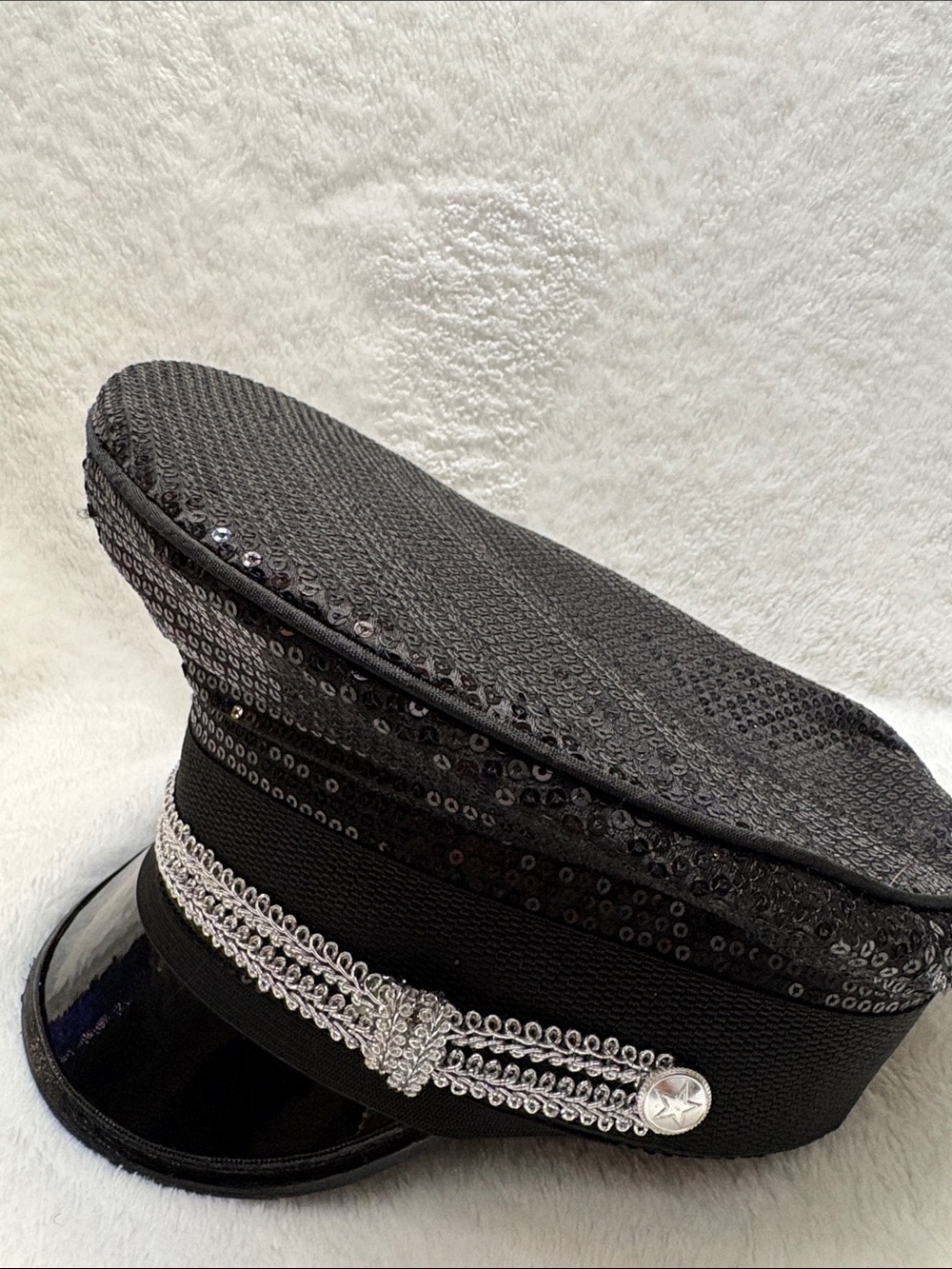 Black Sequin Police Style Cap with Silver Trim Detail - Picture 10 of 10